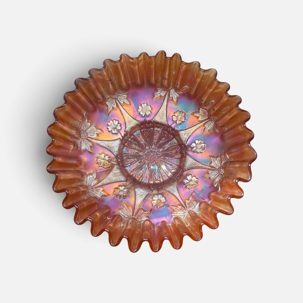 Fenton Marigold Carnival Glass Bowl Cosmos and Cane Ruffled Iridescent 8.5 Inch